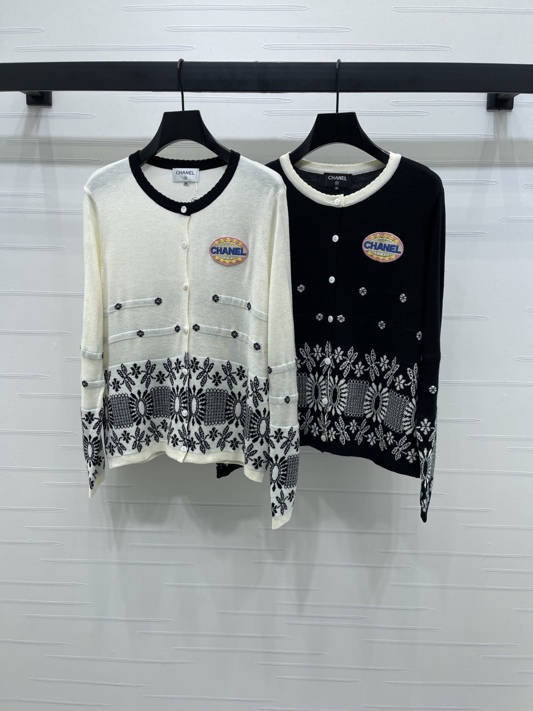 Chanel Women's Black and White Snowflake Jacquard Knit Cardigan with Embroidery
