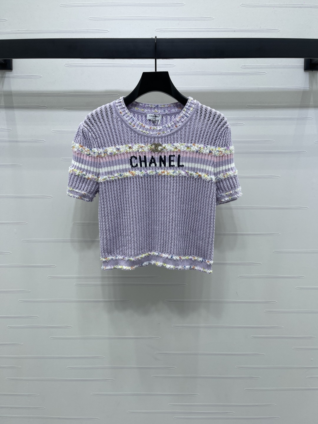 Chanel Women's Crewneck Short Sleeve Knitted Top With Logo - Elegant Style