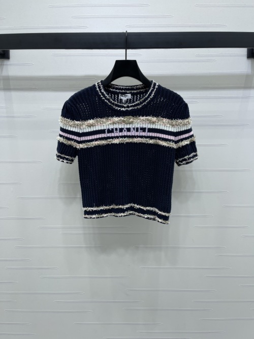 Chanel Women's Striped Knit Short Sleeve Top, Lightweight & Comfortable 1 Chanel Women's Striped Knit Short Sleeve Top, Lightweight & Comfortable