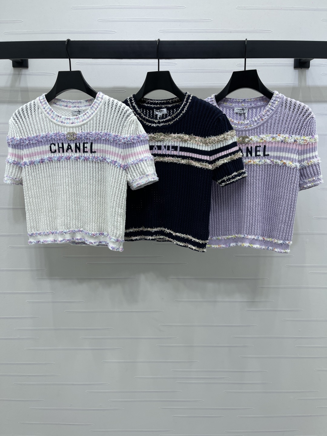 Chanel Women's Multicolor Knit Top Short Sleeve with Logo, Size S-L