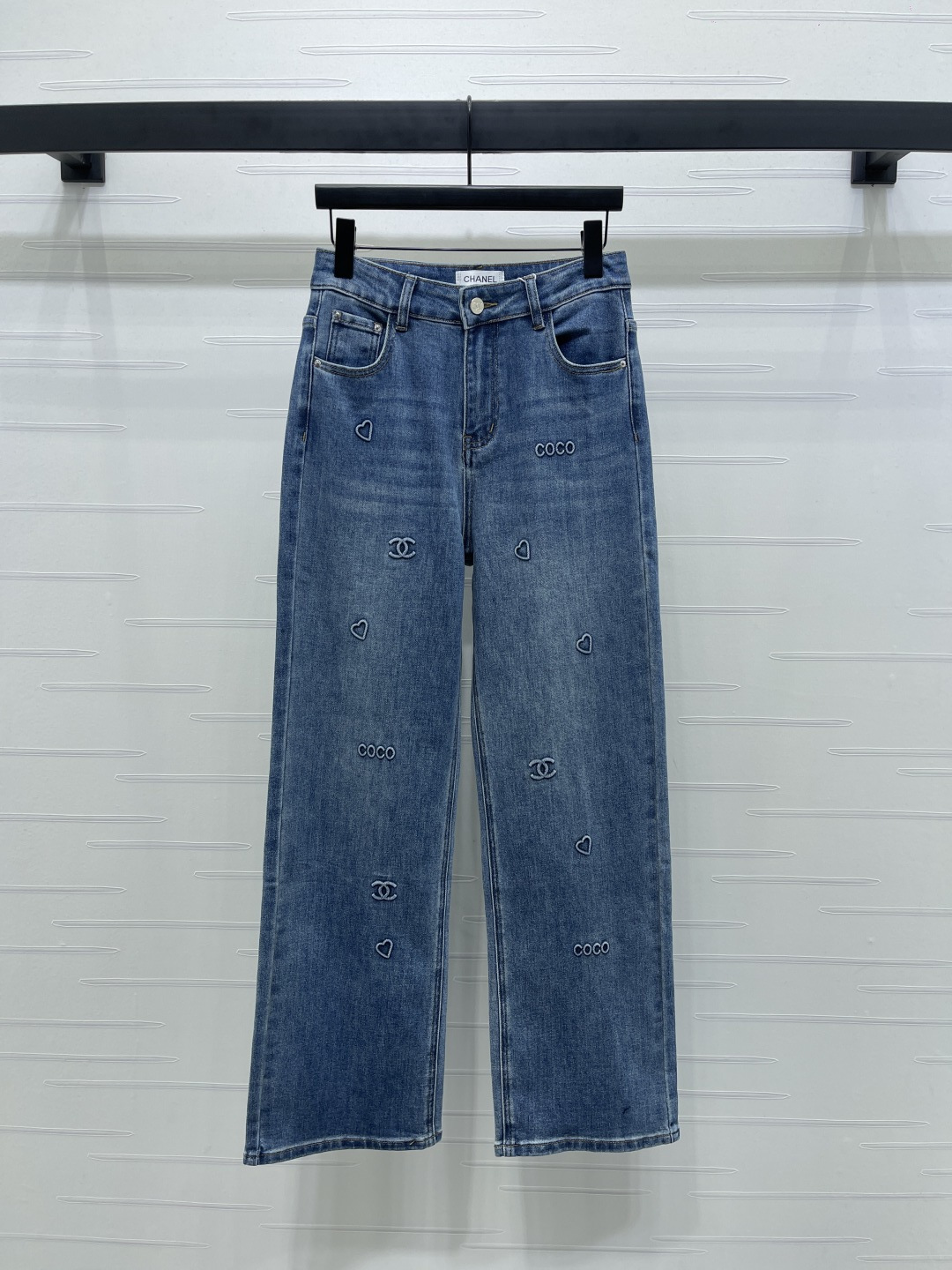 Chanel 2025 High-Waisted Straight-Leg Jeans with Heart and Logo Details
