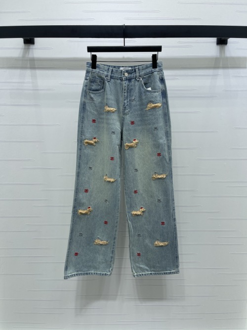 Chanel 2025 Early Autumn Embroidered Dog Pattern Straight Leg Denim Jeans 1 Chanel 2025 Early Autumn Embroidered Dog Pattern Straight Leg Denim Jeans