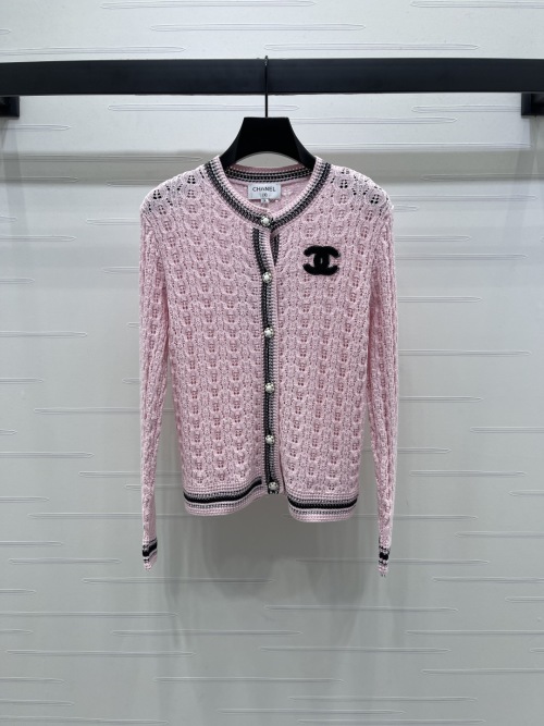 Chanel Pink Knit Cardigan with Embroidered Logo and Contrasting Trim 1 Chanel Pink Knit Cardigan with Embroidered Logo and Contrasting Trim