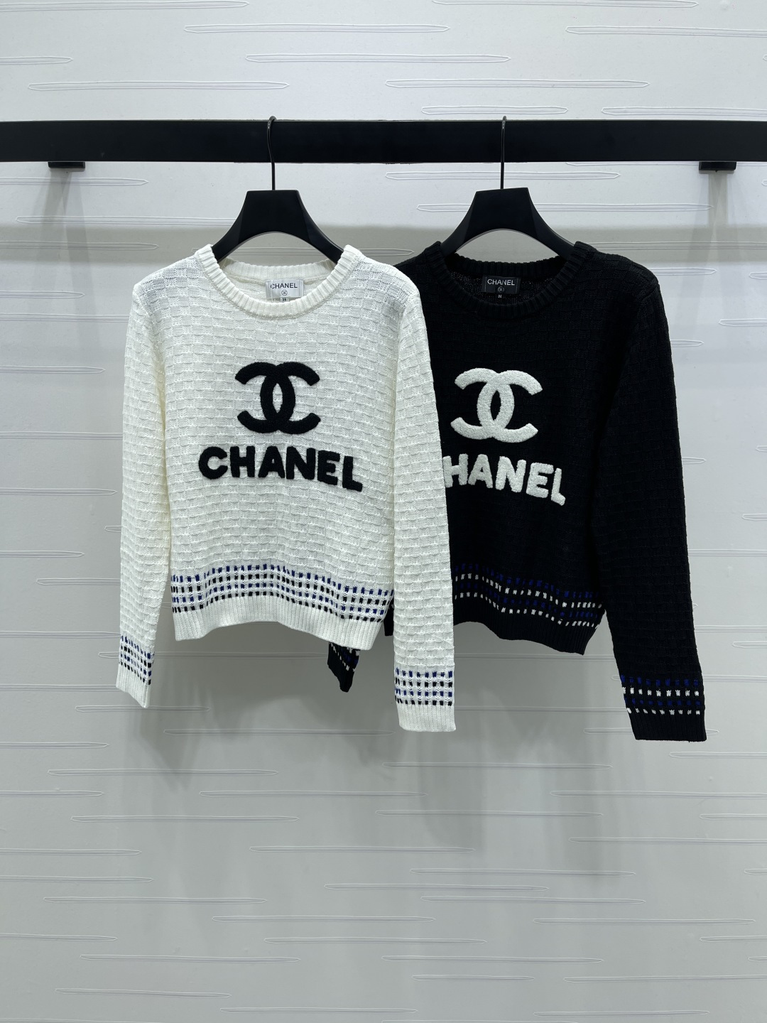 chanel logo wordmark jacquard crew neck sweater