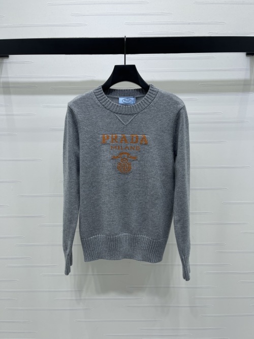 Prada Wool Sweater with Logo, Grey Round Neck Jumper, Elegant Knitwear 10 Prada Wool Sweater with Logo, Grey Round Neck Jumper, Elegant Knitwear