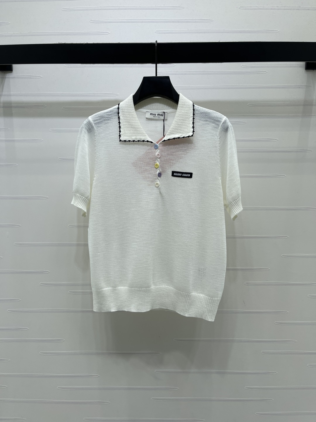미우미우 레터 로고 니트 반팔 티셔츠 상세 이미지 2