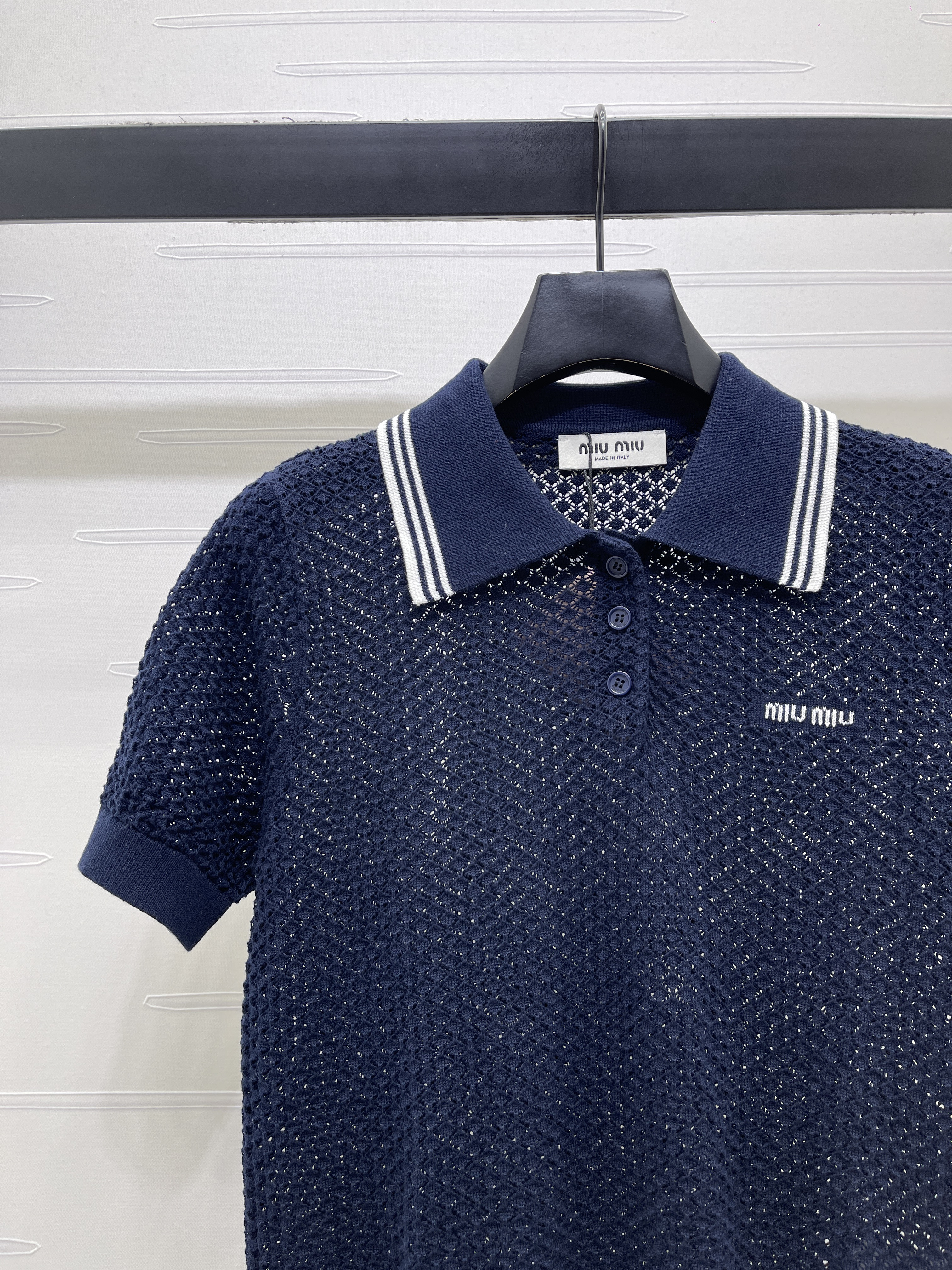 미우미우 실크 린넨 메시 카라 반팔 탑 상세 이미지 12