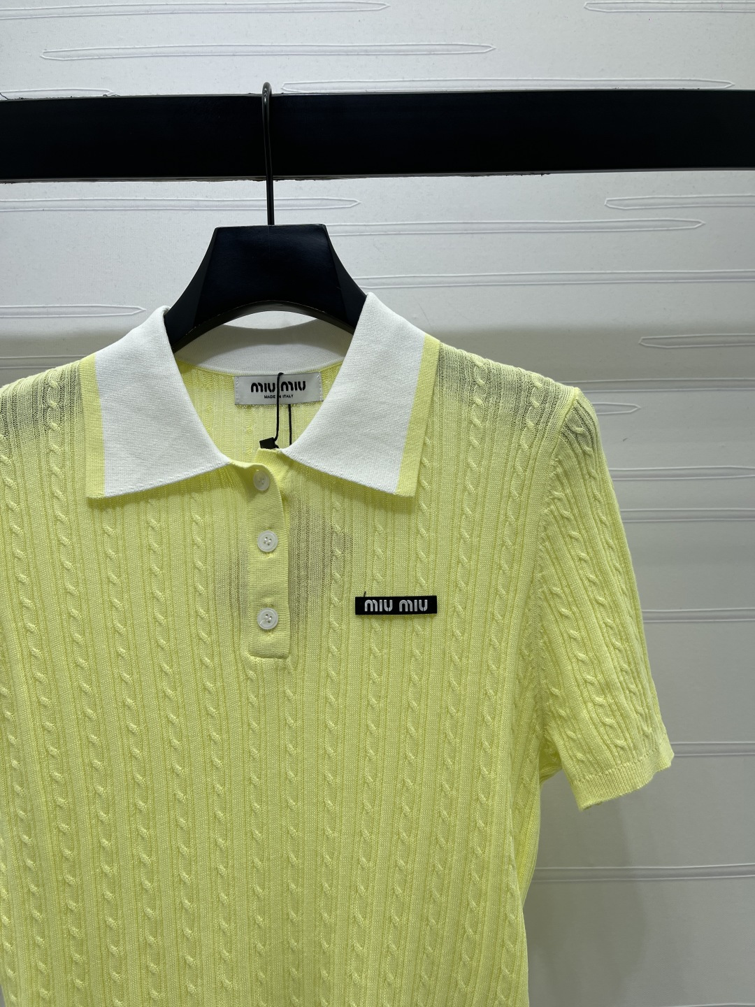 미우미우 컬러 블록 카라 케이블 니트 반팔 탑 상세 이미지 2