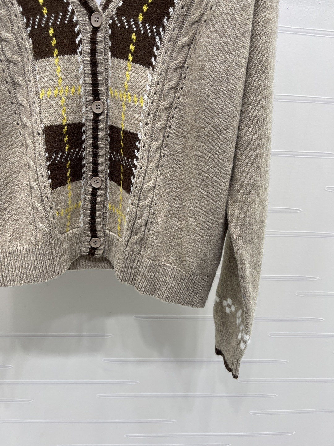 chanel logo argyle cable knit v neck cardigan