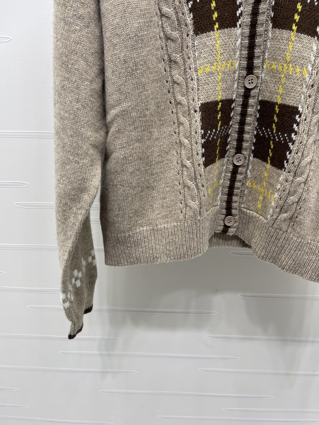 chanel logo argyle cable knit v neck cardigan