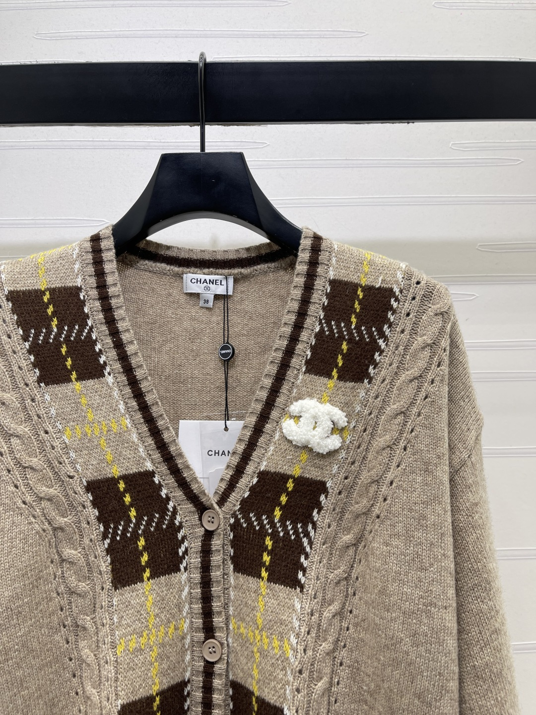 chanel logo argyle cable knit v neck cardigan