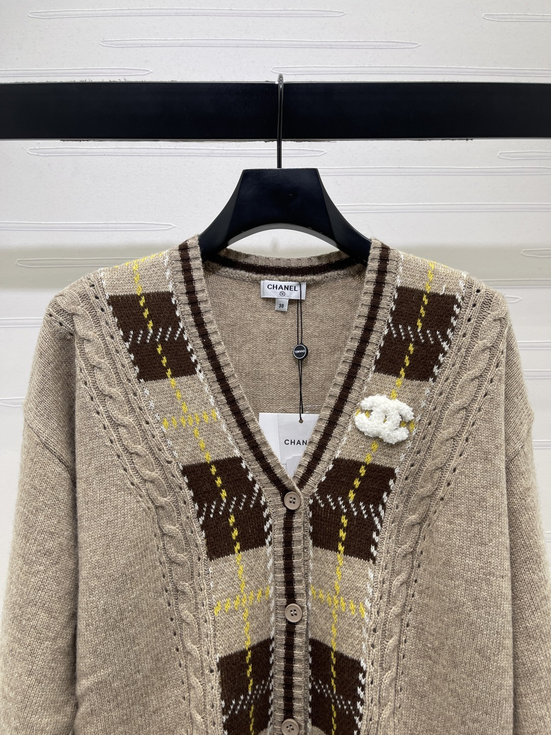 chanel logo argyle cable knit v neck cardigan