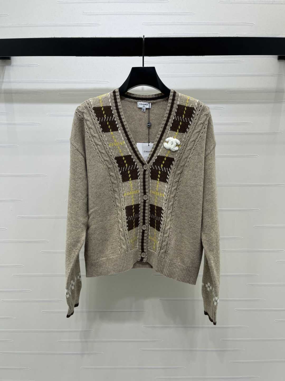 chanel logo argyle cable knit v neck cardigan
