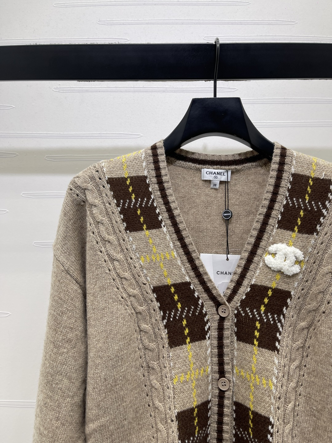 chanel logo argyle cable knit v neck cardigan