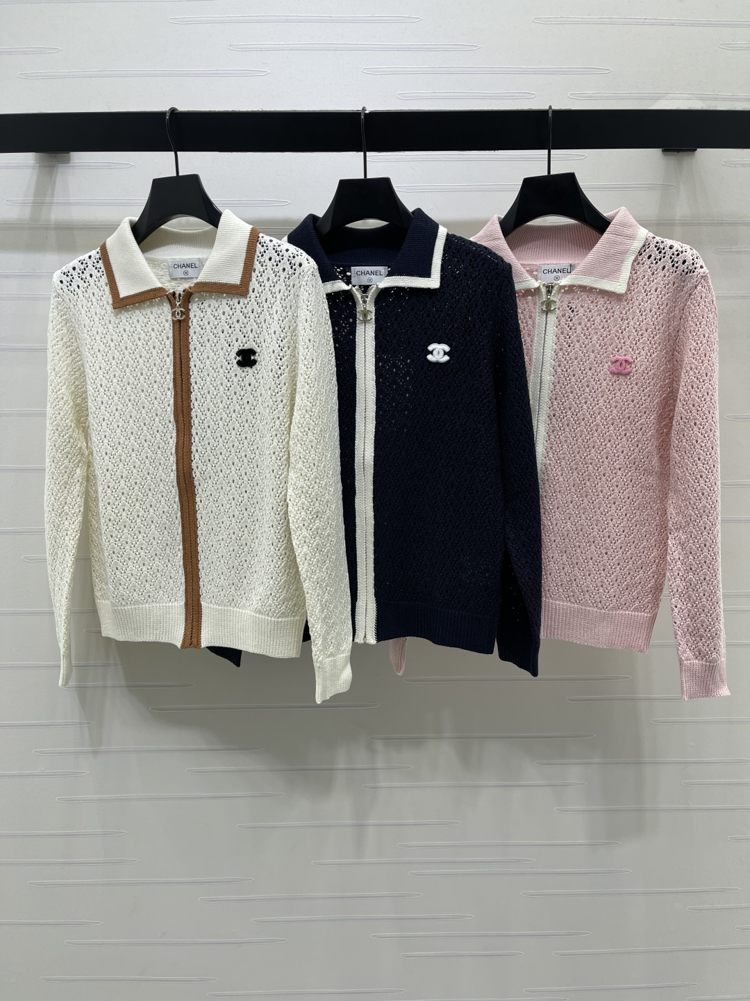 chanel logo openwork polo collar zip cardigan