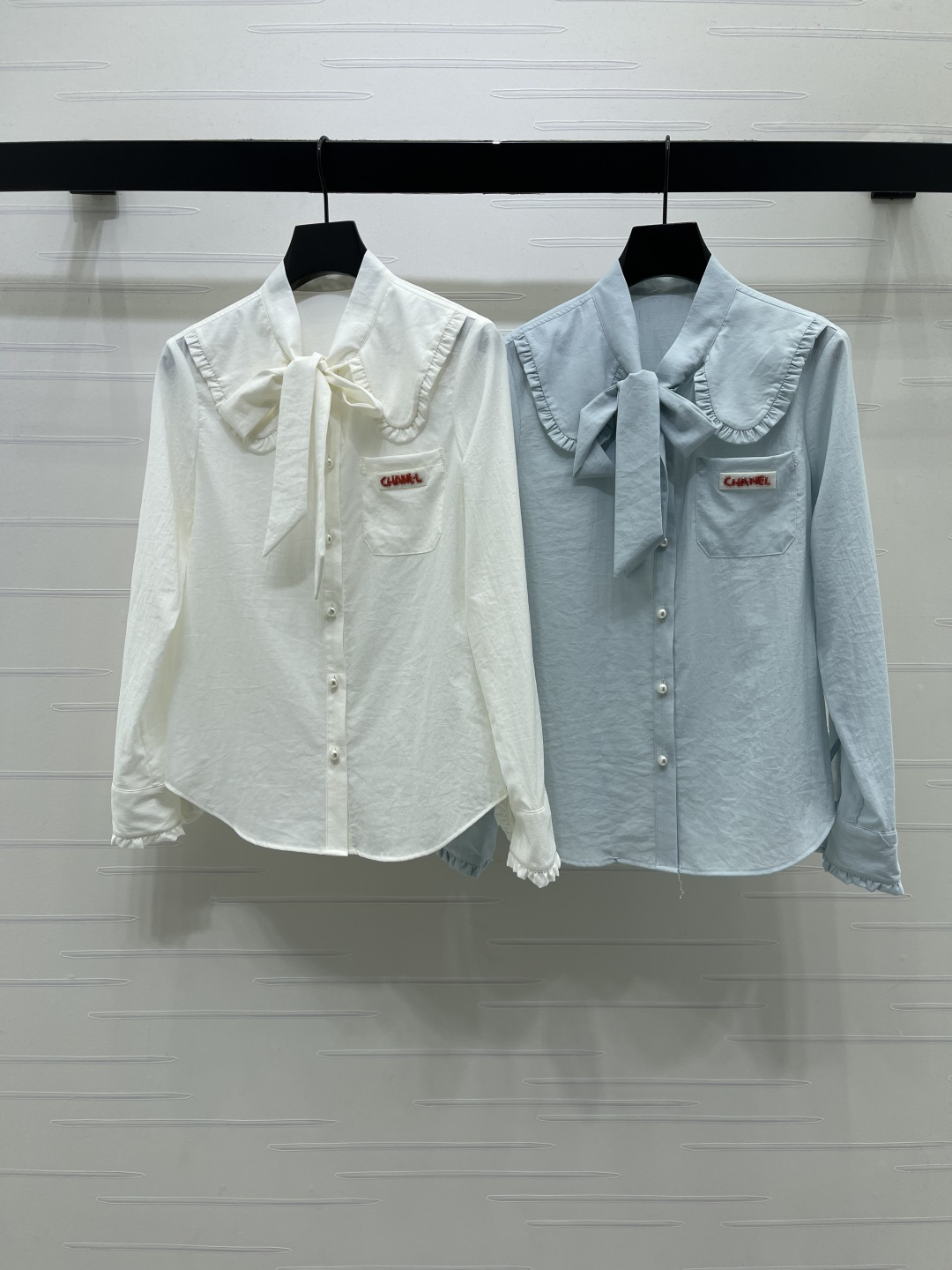 chanel logo pocket peter pan collar shirt