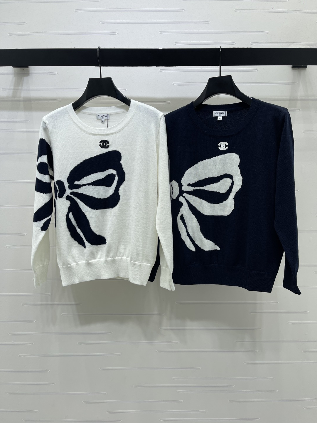 chanel oversized bow motif crew neck knit sweater