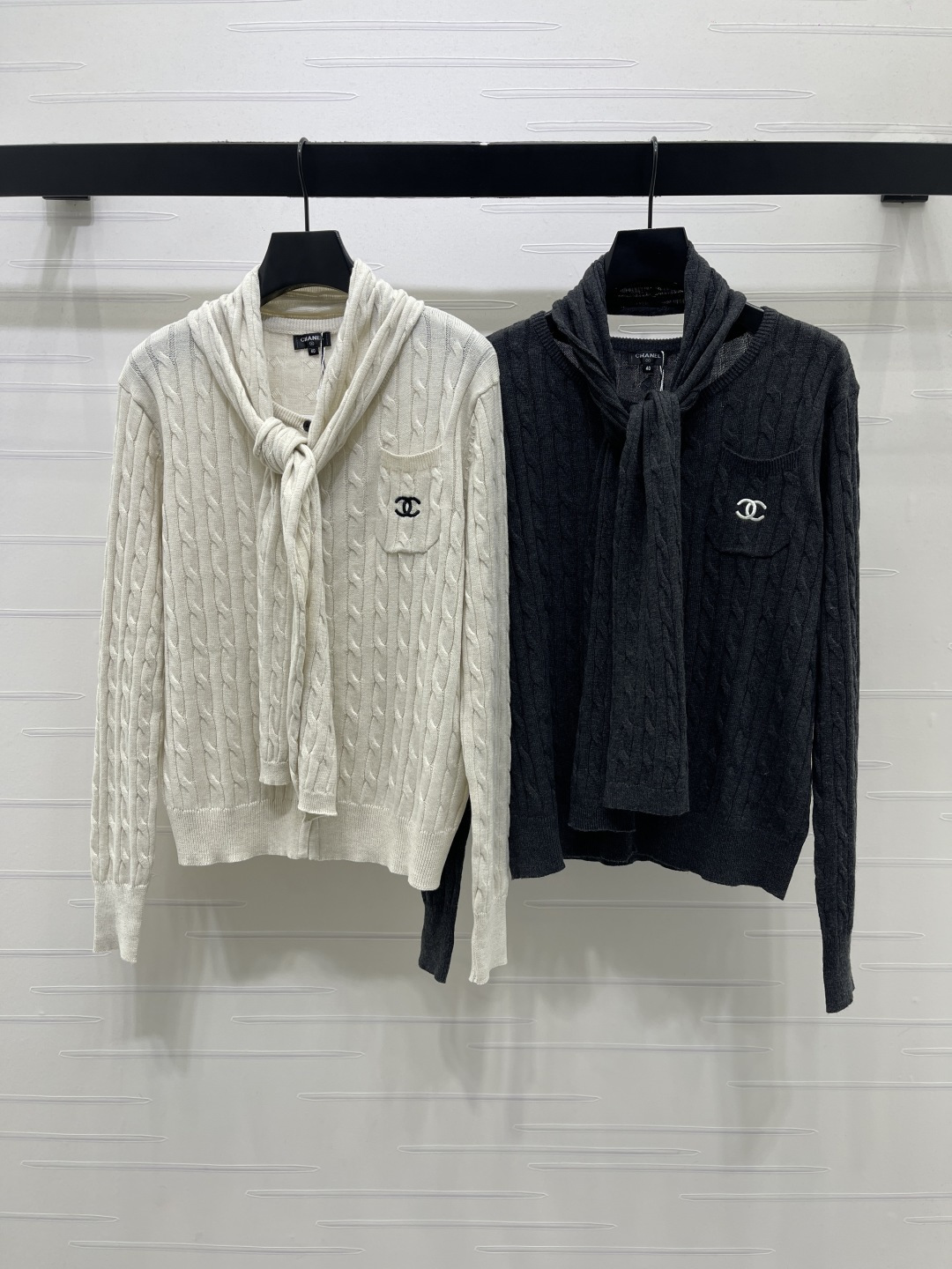 chanel logo shawl collar cable knit cardigan
