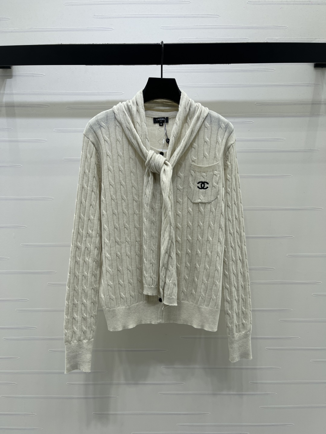 chanel logo shawl collar cable knit cardigan