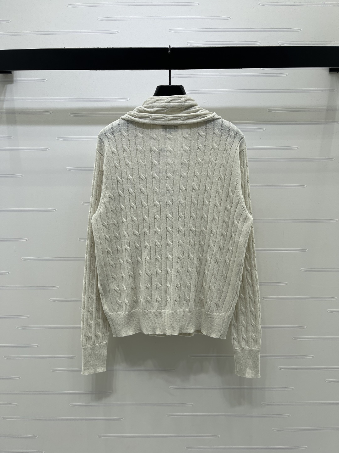 chanel logo shawl collar cable knit cardigan