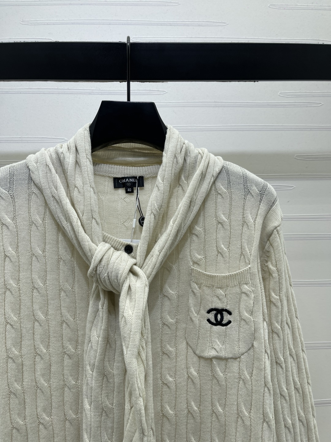 chanel logo shawl collar cable knit cardigan