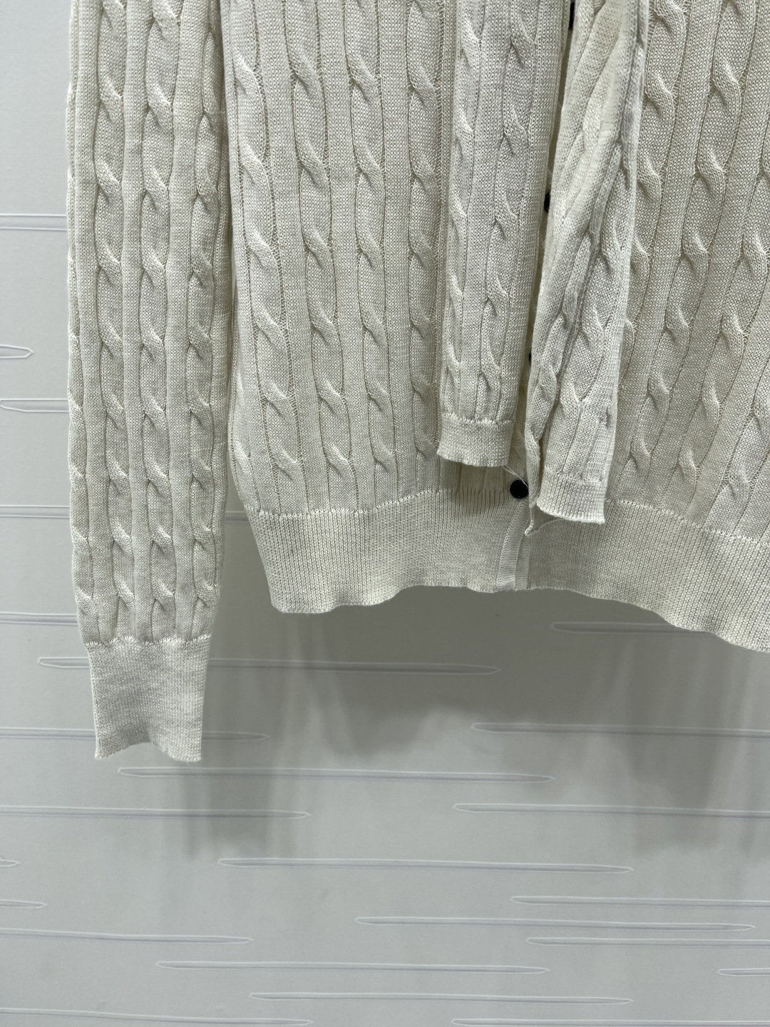 chanel logo shawl collar cable knit cardigan