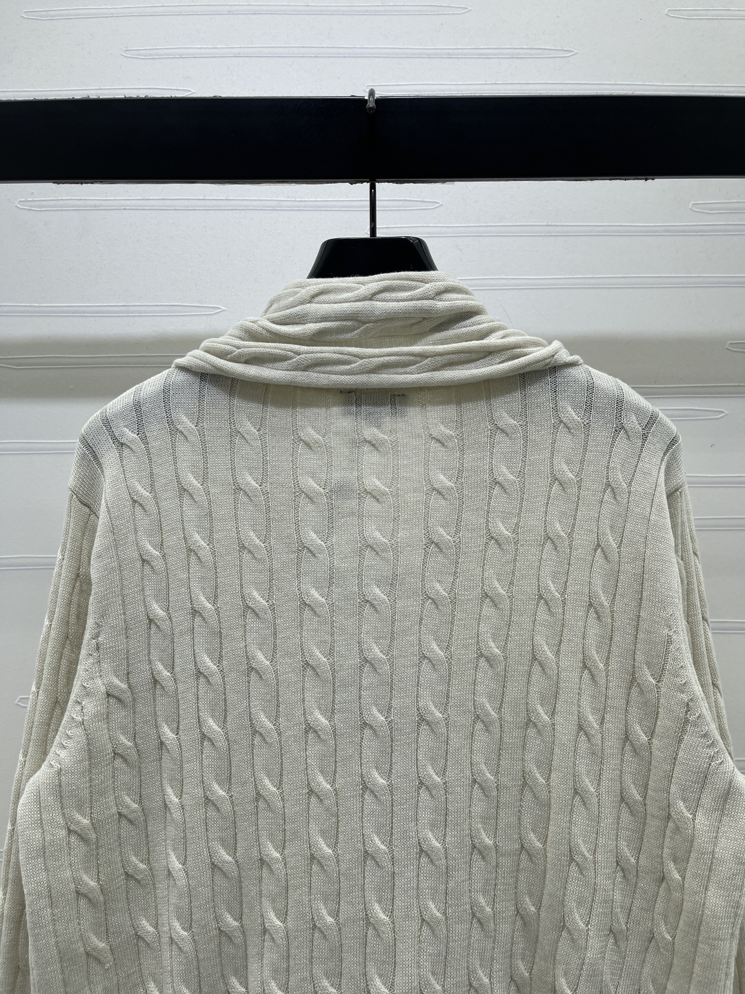chanel logo shawl collar cable knit cardigan