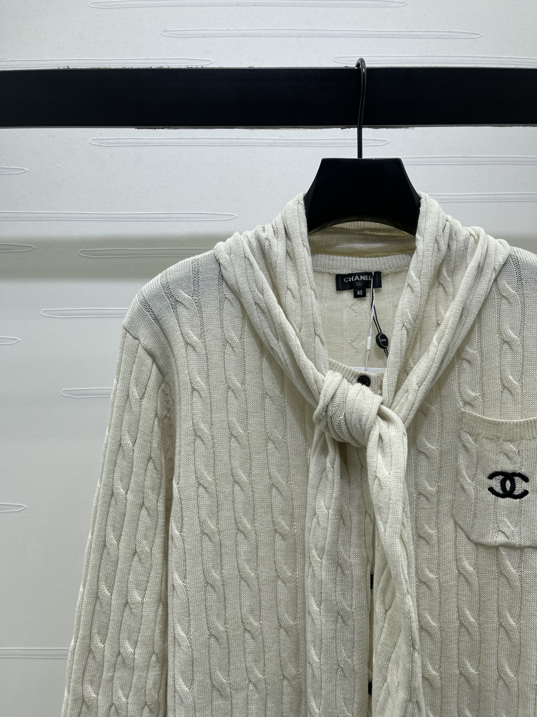 chanel logo shawl collar cable knit cardigan