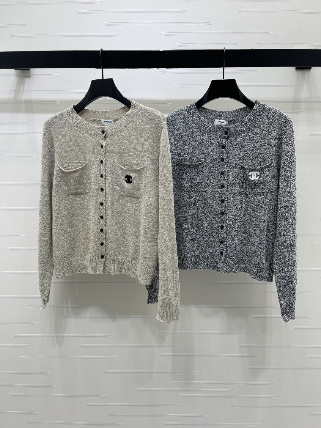 chanel logo patch pocket boucle knit cardigan