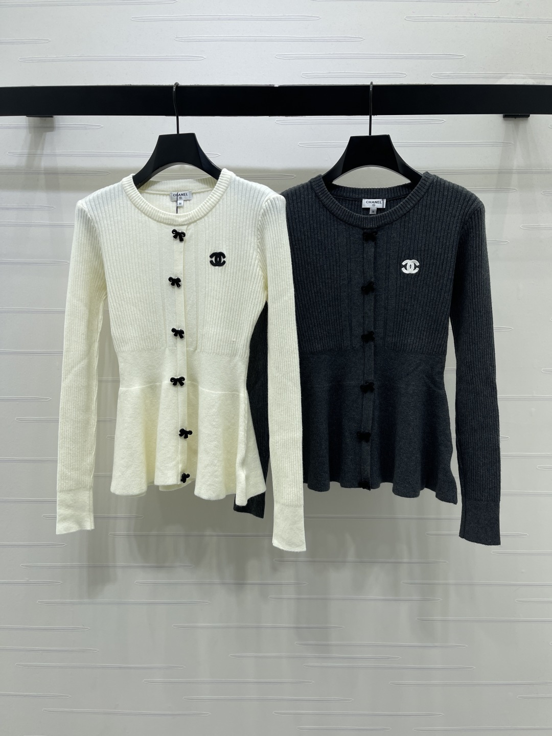 chanel logo bow button peplum knit cardigan