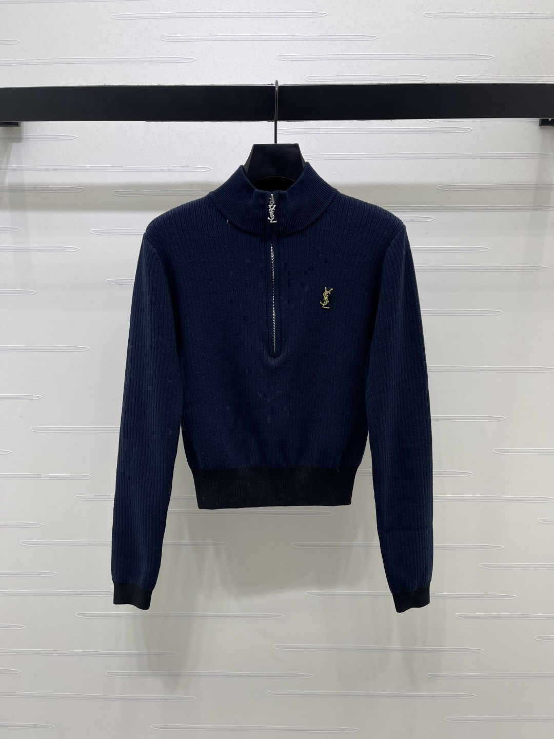Saint Laurent Half Zip Ribbed Knit Top