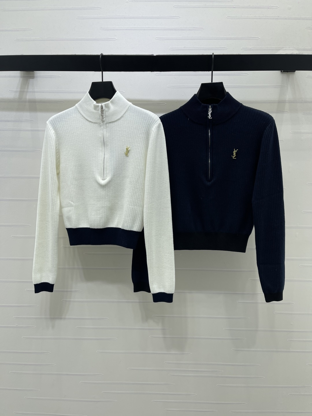 Saint Laurent Half Zip Ribbed Knit Top