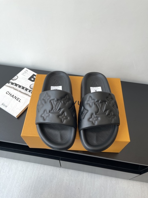 Louis Vuitton Black Monogram Embossed Rubber Beach Slides Sandals 1 Louis Vuitton Black Monogram Embossed Rubber Beach Slides Sandals