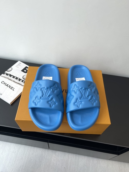 Louis Vuitton Blue Monogram Embossed Rubber Beach Slides Sandals