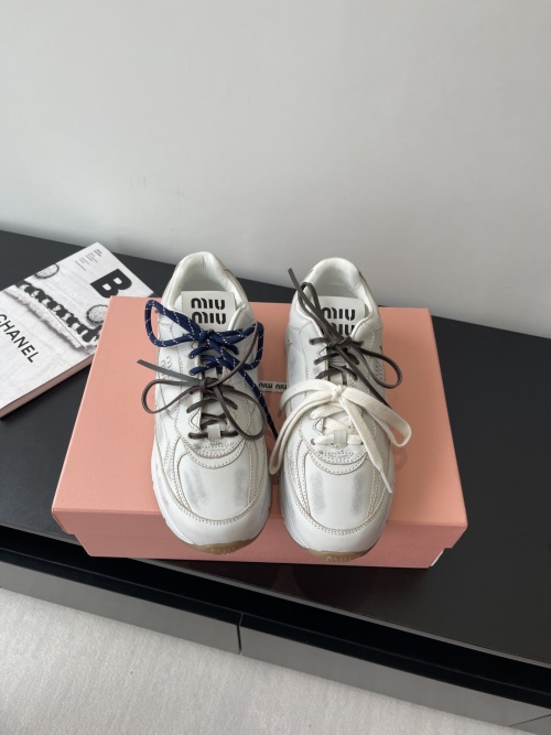 Miu Miu Women's White Distressed Leather Trainer Sneakers, Retro Style 1 Miu Miu Women's White Distressed Leather Trainer Sneakers, Retro Style