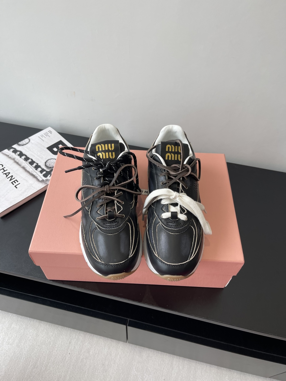 Miu Miu Women's Leather Lace-Up Sneakers - Black, Vintage Style