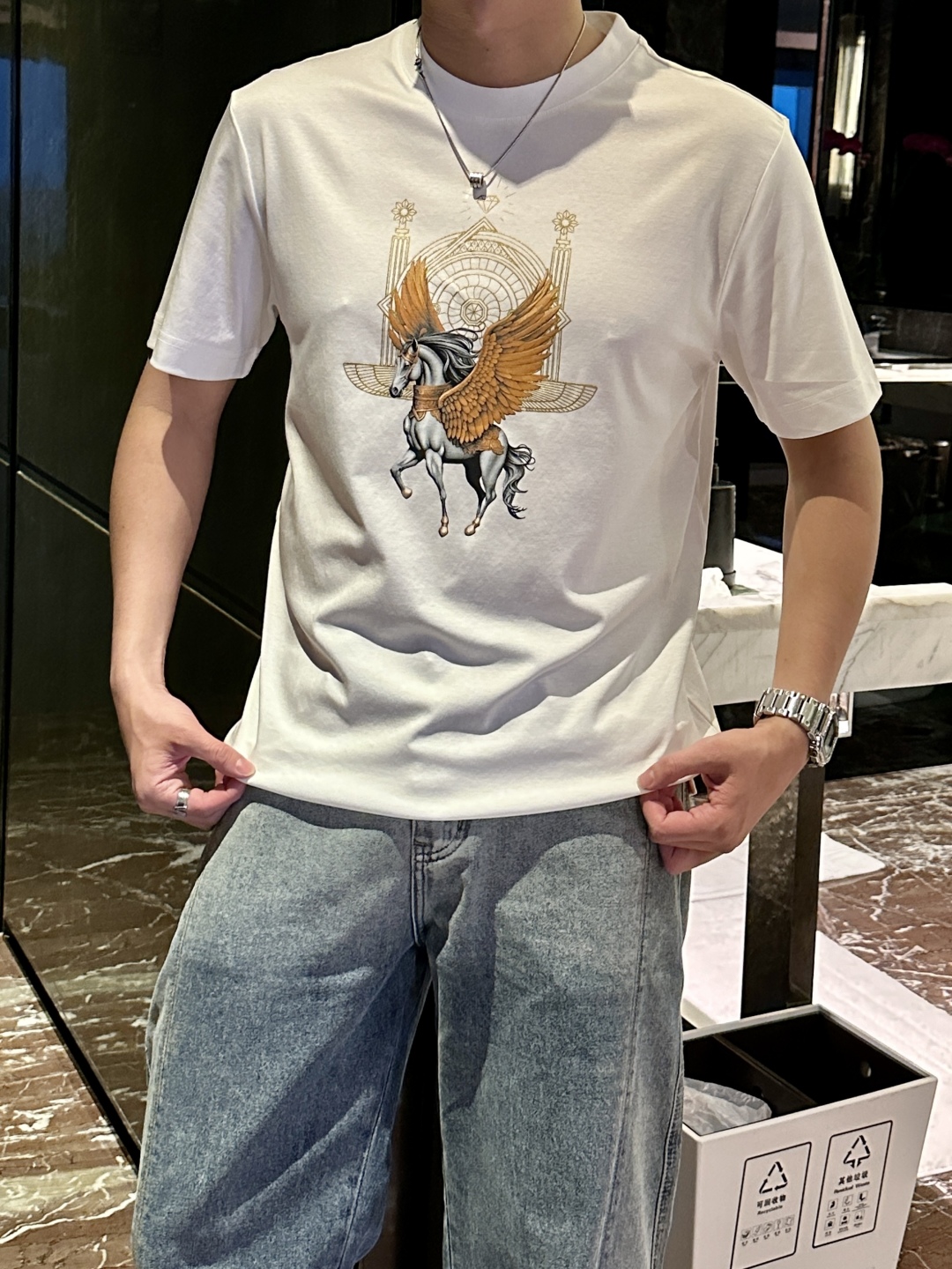 
H家 2025夏季新款  男士T恤  此款圆领设计、时尚大方！飞马行空图案 纵横驰聘、线条立体 超高清
