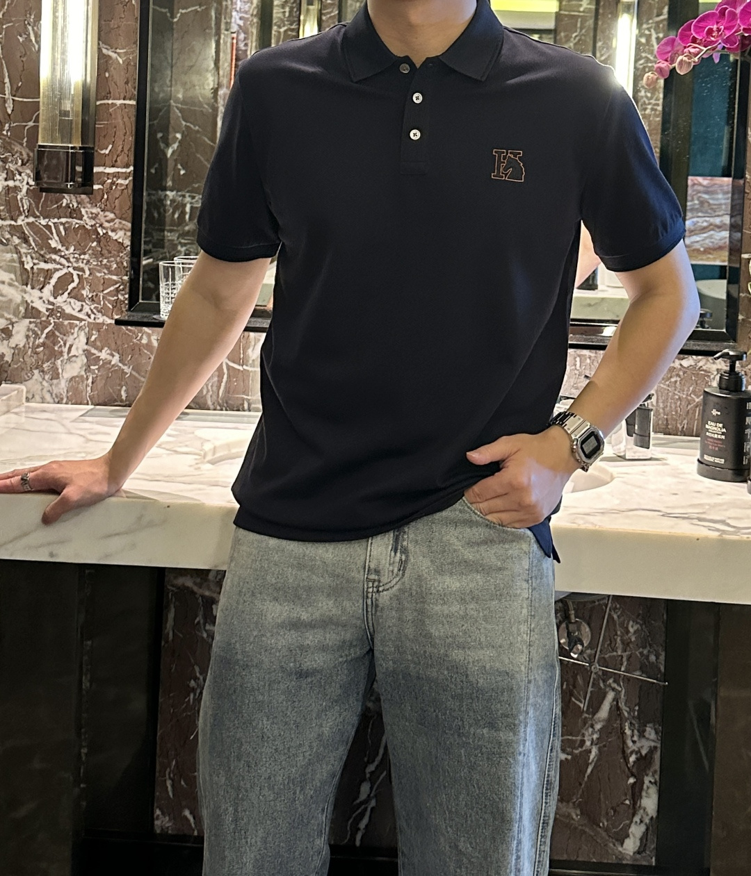 NO:152400,2025ss summer new model H-home men's lapel T-shirt, chest home pattern adopts imported high-density embroidery technology, outlines the outline with classic H-home orange silk thread, cleverly blends the letter 