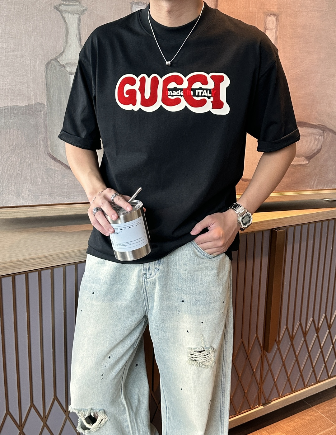 Gucc 2026春夏款/官网同步面料采用重磅纯棉精梳棉面料，OS宽松版型，上身版型超正！日常百搭，衣橱