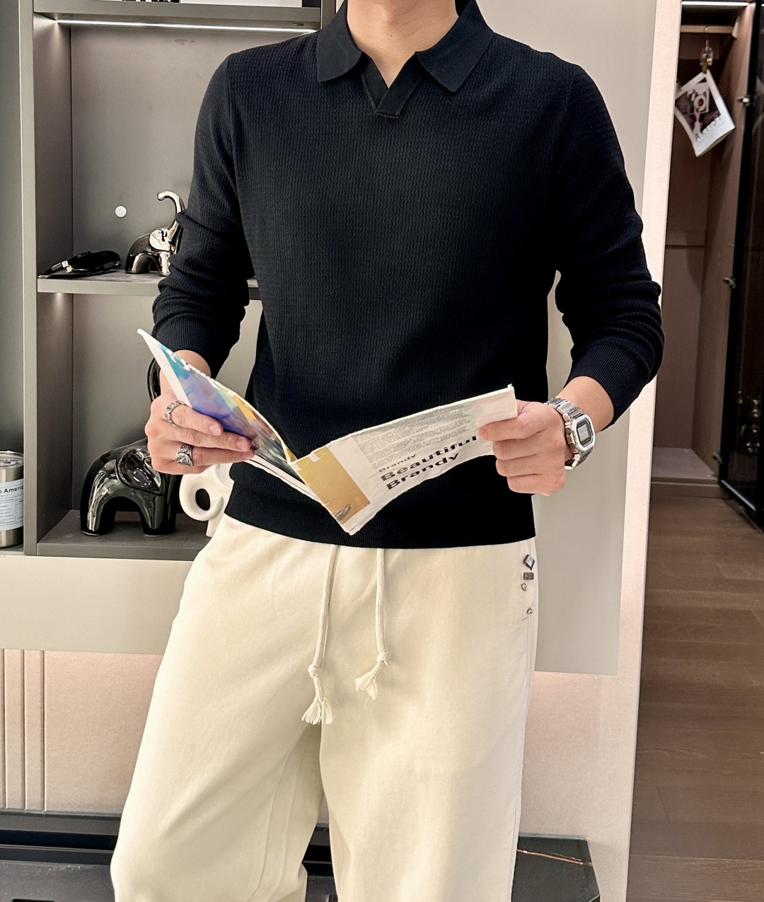 lP🆕家 2025春夏最新男士无纽扣翻领长袖针织衫，精选羊毛羊绒混纺面料制成， 80支超柔织物，14针密