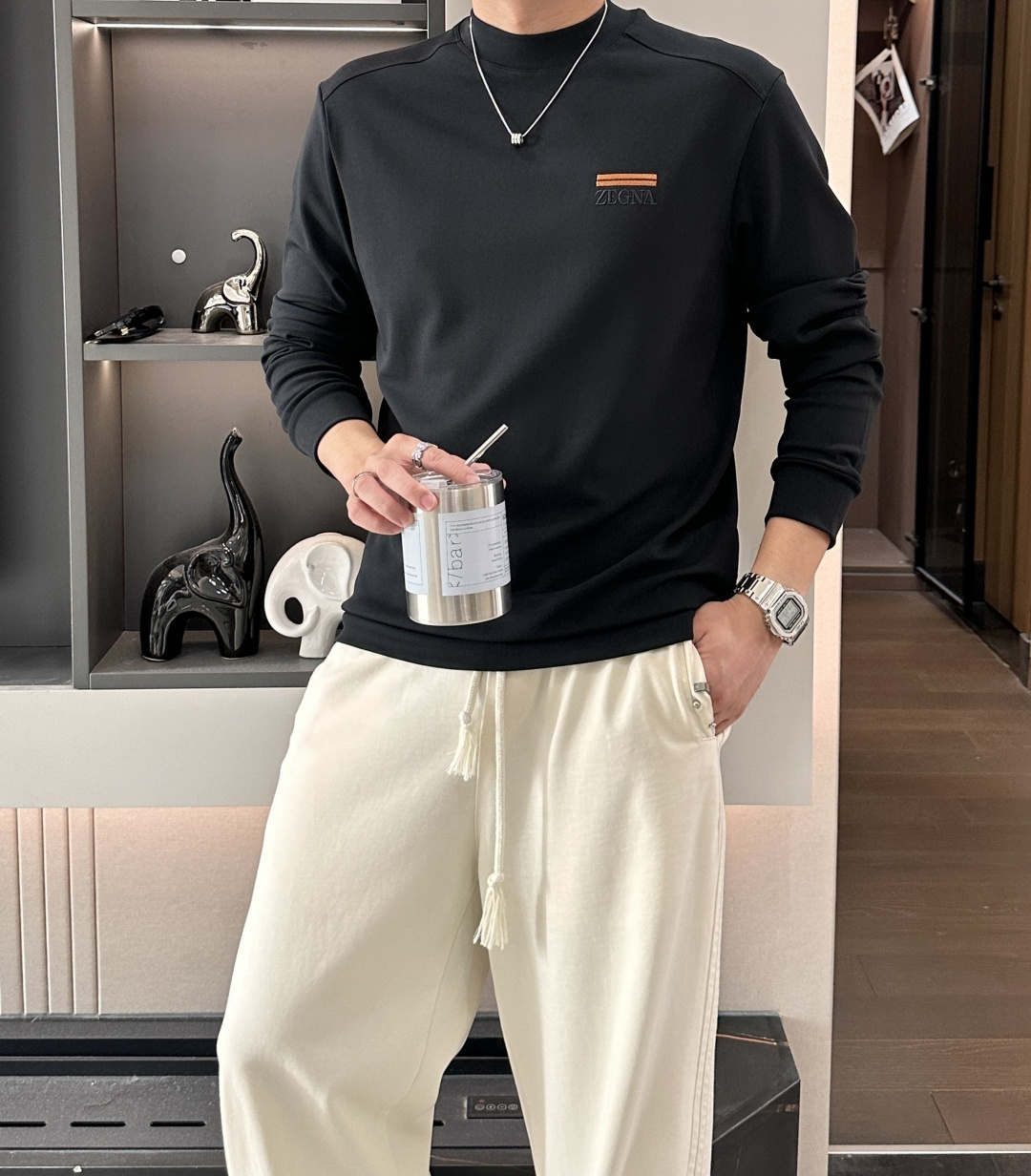 杰尼亚 2025秋冬新款长袖，定制面料，独特工艺logo，舒适性与透气性兼优，柔软抗皱弹性和垂性极佳，无