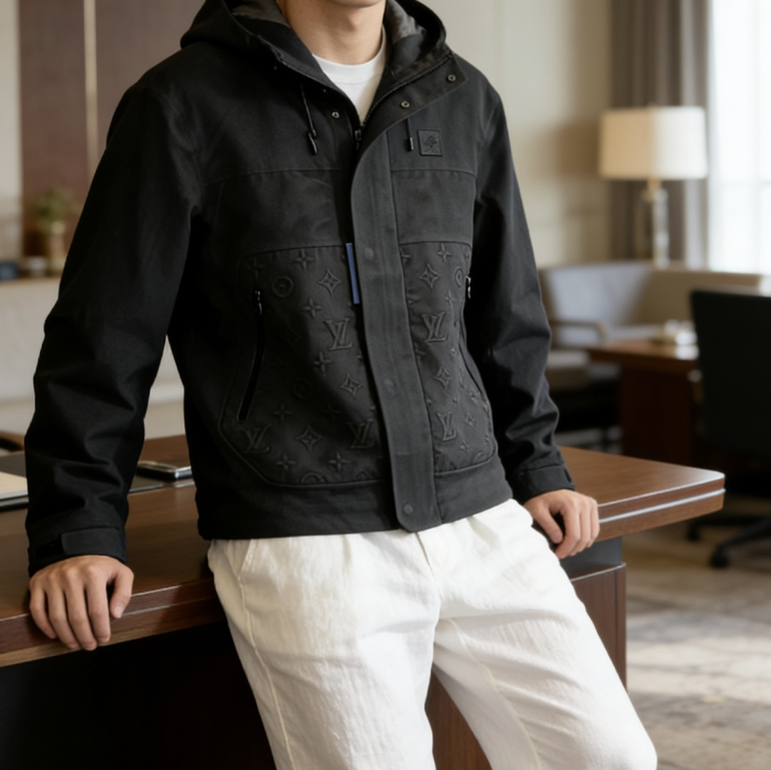 Lv深灰压纹连帽夹克男士机能风连帽夹克• 高级深灰色调，沉稳百搭，自带禁欲系高级感• 经典Monogra