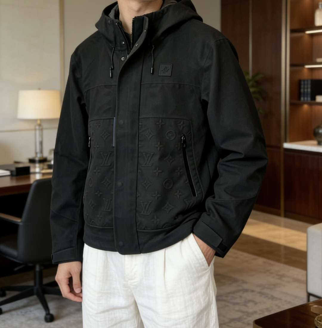 Lv深灰压纹连帽夹克男士机能风连帽夹克• 高级深灰色调，沉稳百搭，自带禁欲系高级感• 经典Monogra