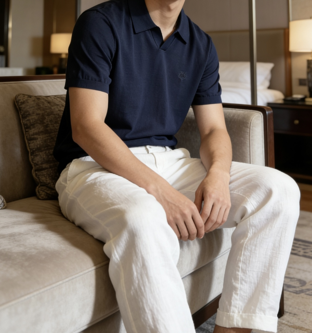 loro Piana家 2026春夏最新男士无纽扣翻领短袖针织衫，精选针织棉与天丝混纺面料制成， 80支