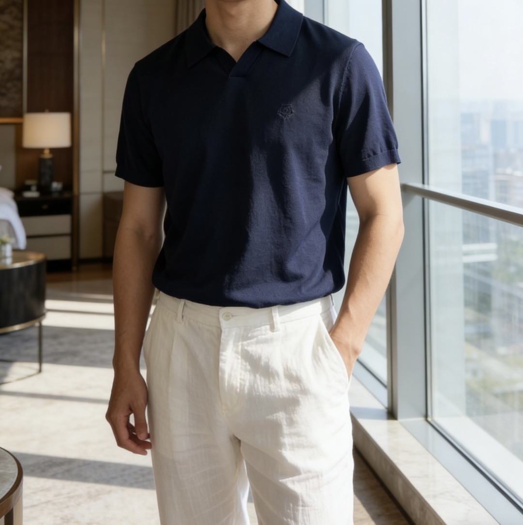 loro Piana家 2026春夏最新男士无纽扣翻领短袖针织衫，精选针织棉与天丝混纺面料制成， 80支