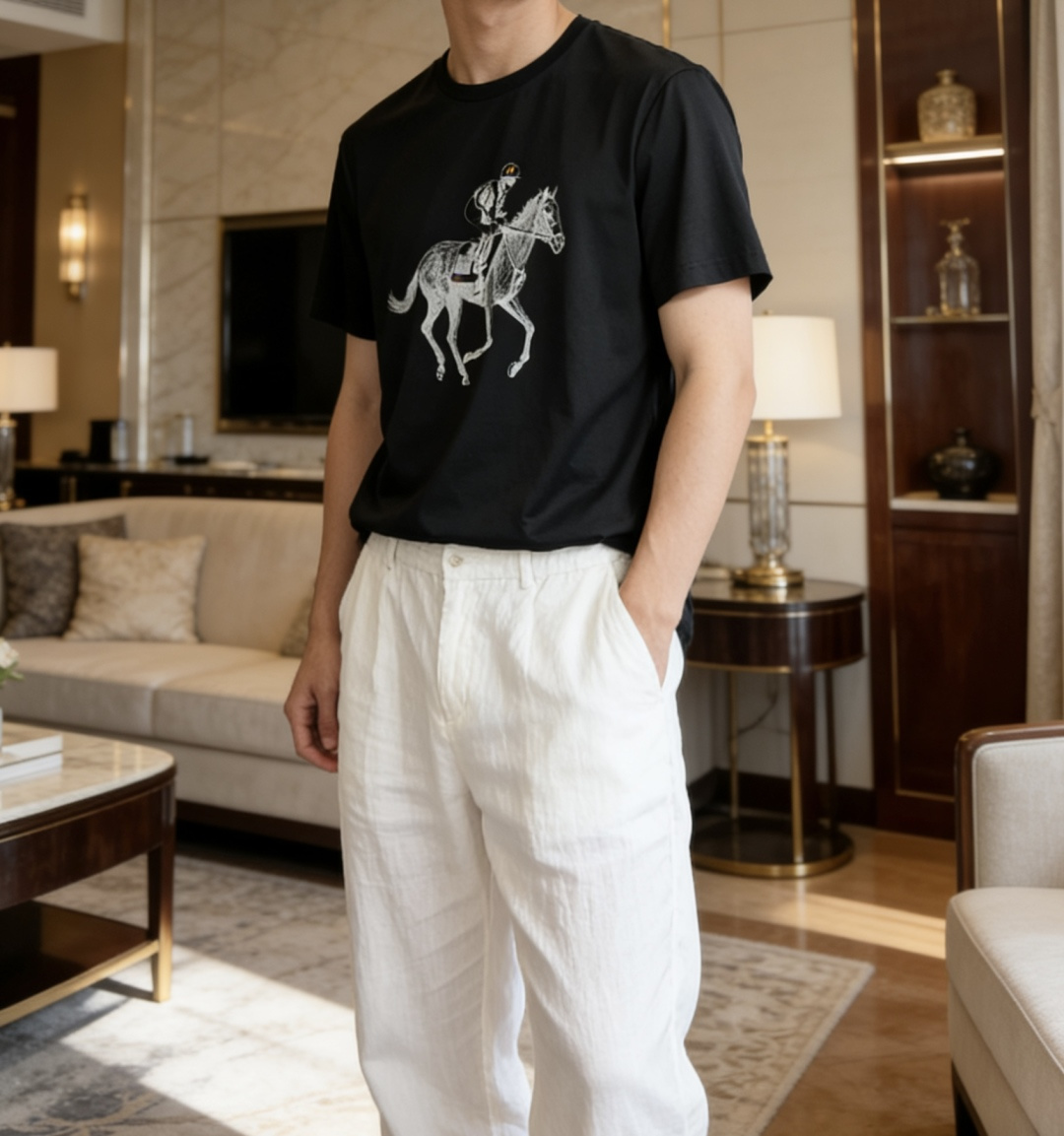 爱*仕 2026春夏最新骑士赛马印花男士圆领T恤衫，胸前极具代表性的骑士赛马图案，采用高端重工的2500