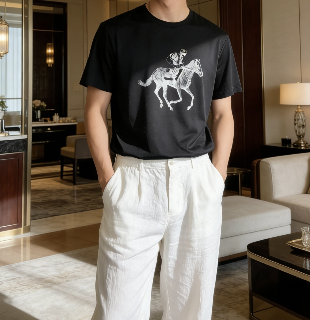 爱*仕 2026春夏最新骑士赛马印花男士圆领T恤衫，胸前极具代表性的骑士赛马图案，采用高端重工的2500