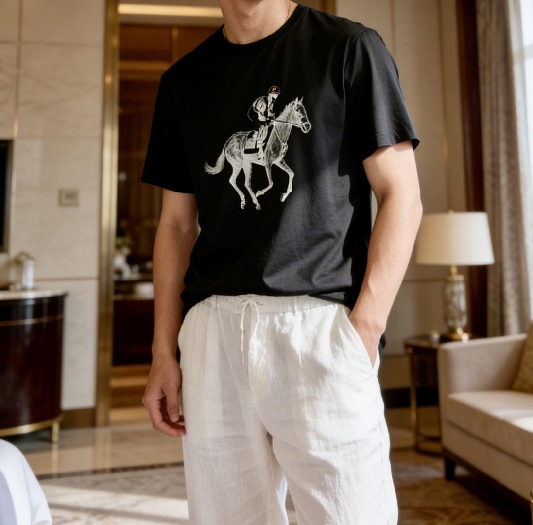 爱*仕 2026春夏最新骑士赛马印花男士圆领T恤衫，胸前极具代表性的骑士赛马图案，采用高端重工的2500