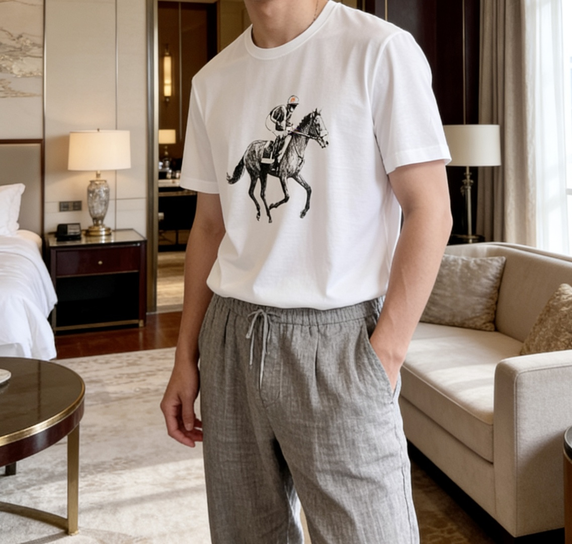 爱*仕 2026春夏最新骑士赛马印花男士圆领T恤衫，胸前极具代表性的骑士赛马图案，采用高端重工的2500