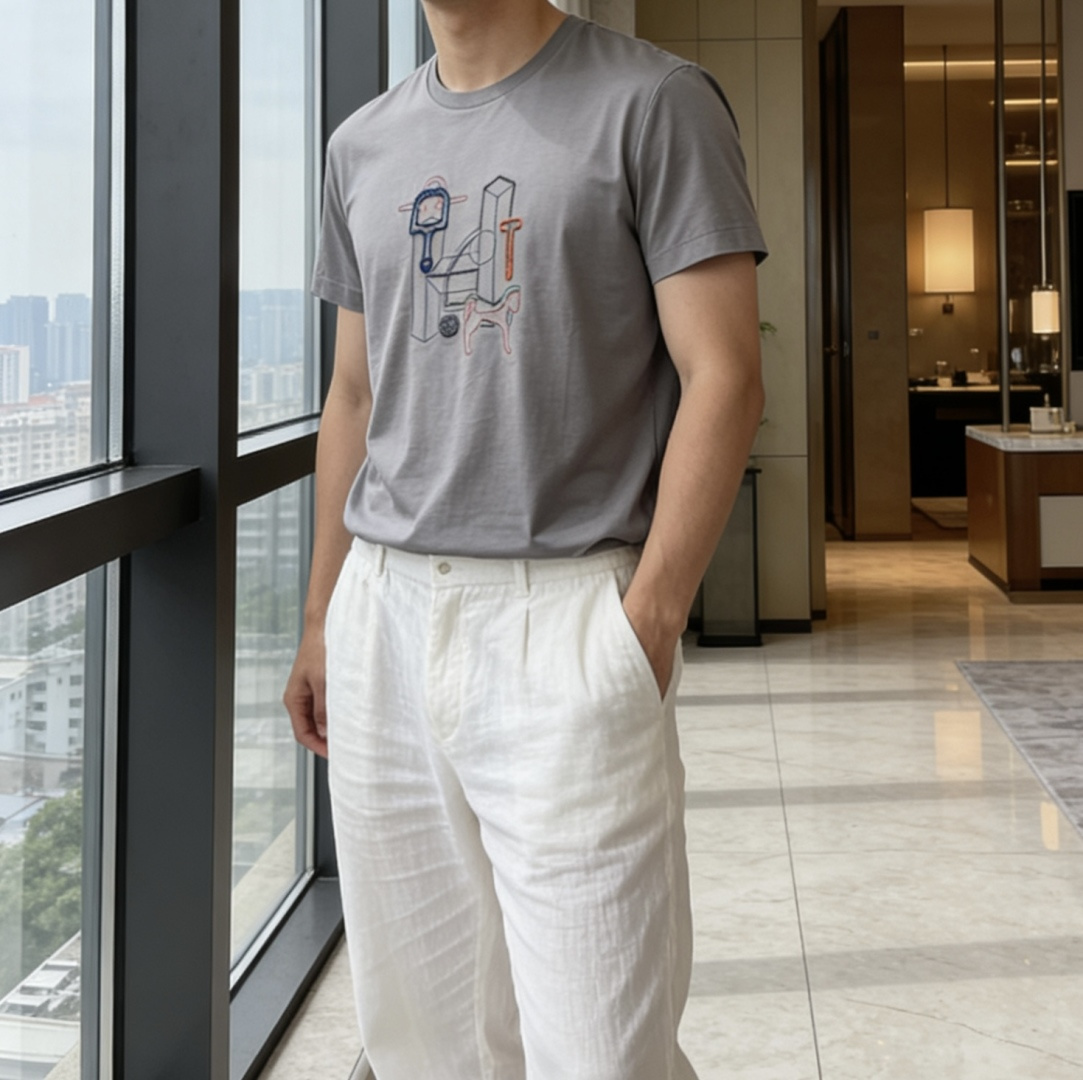 爱马家 2026春夏最新骏马牙刷绣男士圆领T恤衫，胸前极具代表性的巴西骏马图案，采用高端重工的牙刷绣工艺